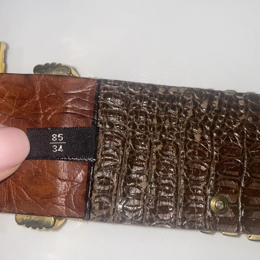 NANNI Italy Brown Leather Silver Gold Stud Belt Croc Boho Stud Size 85/34 - Picture 8 of 9